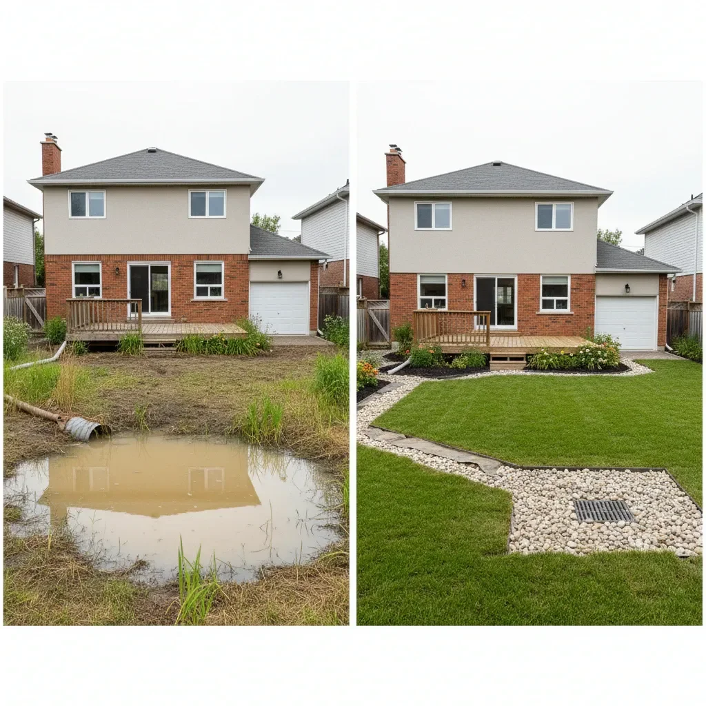 Drainage service transformation - before and after by Signature Landscaping Oshawa in Oshawa